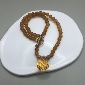 Yellow stone gemstone beaded necklace with teardrop crystal pendant boho-artisan